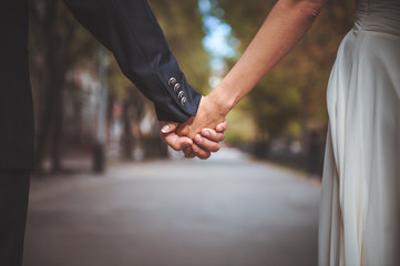 couple holding hand together in park
