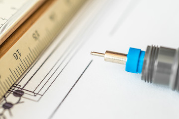 Workplace of engineer, tools for sketching and a drawings. Angle