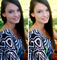 Portrait of girl before and after retouching with photoshop. - 76062884