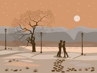 kissing couple in the park at night