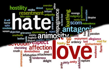 Cloud containing words related to hate opposed to love