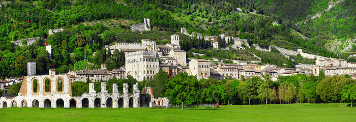 panorama of Gubbio - medieval town in Umbria, Italy - obrazy, fototapety, plakaty