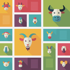 Colorful flat farm animals icons with long shadow