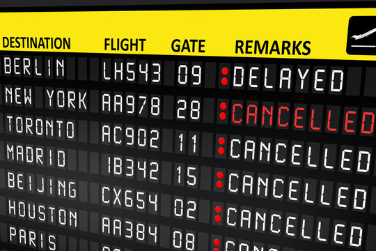 Flight delayed or cancelled display panel in airport