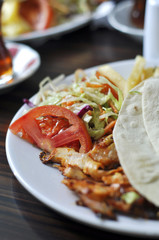 Closeup of tasty kebab with vegetables and chicken