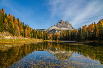 Fototapeta na wymiar Mountain Reflection in the Lake-Tre Cime,Dolomites