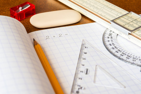 Solving mathematical problems, a notebook with drawing tools 