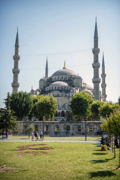 Visitors around the Blue Mosque in Istanbul, Turkey