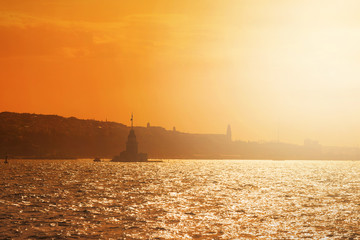 Maidens Tower in Istanbul in warm yellow morning light