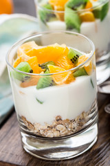 Yogurt with muesli and fruits