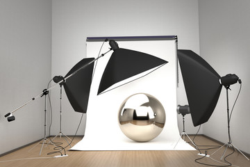 Empty studio with a mirror ball in the center