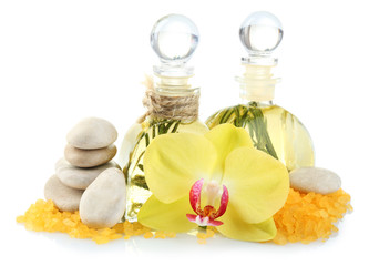 Spa treatments with orchid flower isolated on white
