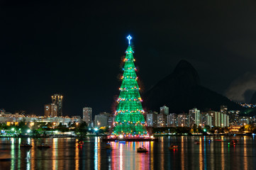 Christmas Tree in the Lake in Rio de Janeiro at Night