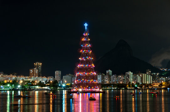 Christmas Tree in the Lake in Rio de Janeiro at Night