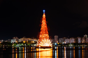 Christmas Tree in the Lake in Rio de Janeiro at Night