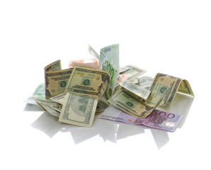 Heap of Dollar and euro Bills notes on white background