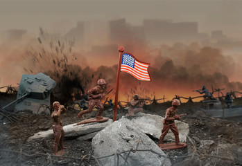 American toy soldiers war battlefield diorama scene.