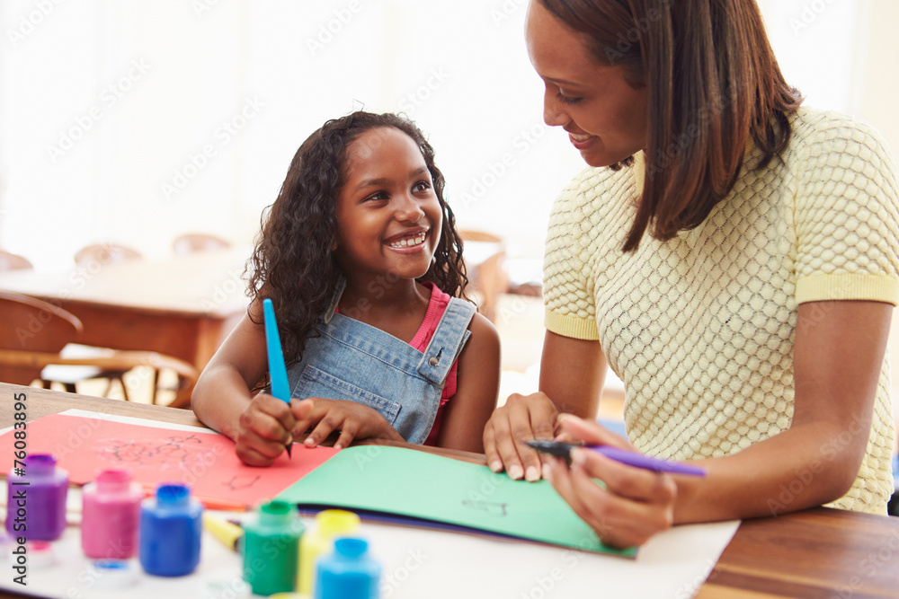 Wall mural mother painting picture with daughter at home