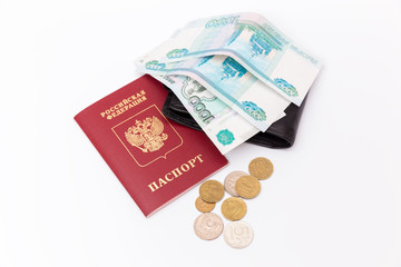 foreign passport  and ruble  on white background