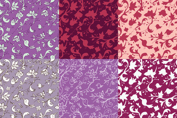 Six seamless patterns with purple colored birds and flowers