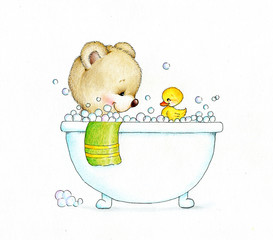 Teddy bear in a bath tub