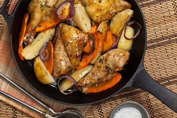 Frying Pan with Roasted chicken thighs. Selective focus.