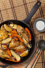 Frying Pan with Roasted chicken thighs. Selective focus.