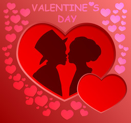 Plakat card with the image of the heart, kiss silhouette of lovers on V