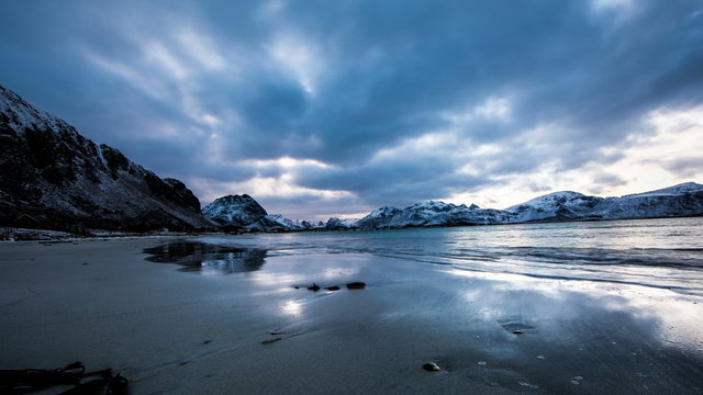Sideways panning landscape of arctic beach in Norway