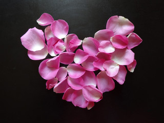 pink heart made of rose petals on a black background