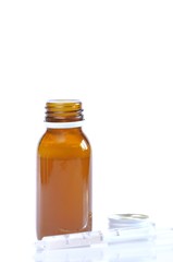 Syrup bottle with syringe.