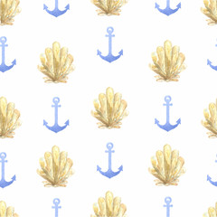 Hand drawn watercolor graphic ornament anchor and shell seamless