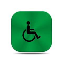 Green metal button with wheelchair icon