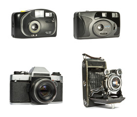 Collection of old film cameras isolated on white
