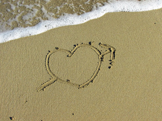 Fototapeta na wymiar Heart pierced by an arrow drawn in the sand