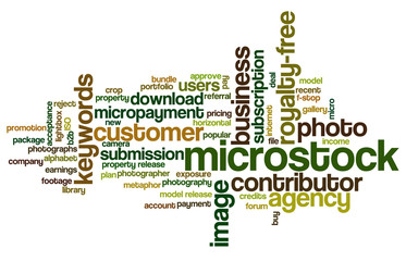 Word cloud containing words related to microstock industry