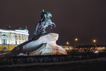 Bronze Horseman-monument to Peter I on the Senate Square on Janu
