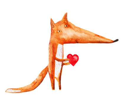 Fox with heart. vector. watercolor