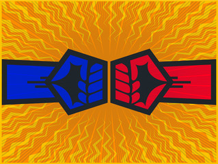 Clashing fists, two opposite forces clashing, fist bump, fight or confrontation concept vector design