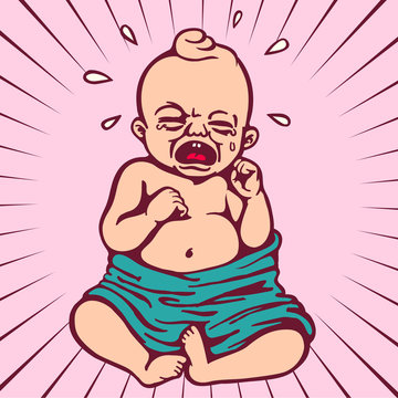 vintage cartoon clipart with crying new born baby