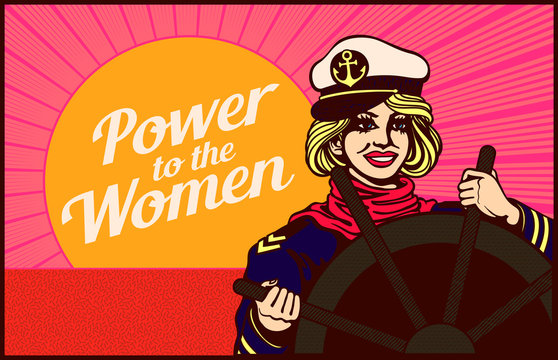 Power to the Women! Determined woman holding helm, driving boat