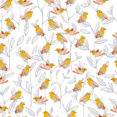 pencil sketch seamless pattern with flowers and bird robin