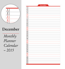 December, montly planner Calendar - 2015