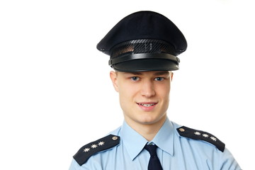 Portrait of young policeman, left you can write some text