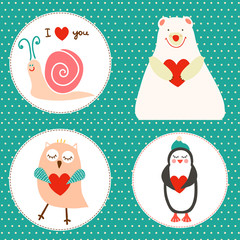 Set of illustrations with bear, owlet, snail and penguin.
