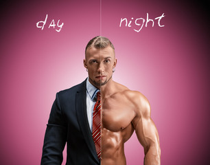 Attractive man in a business suit and without it on blue-pink