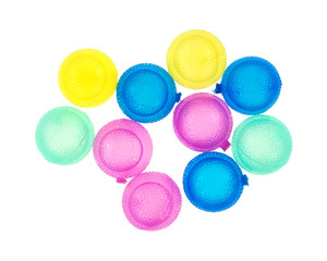 Group of plastic ice cubes on a white background