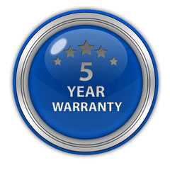 Five year warranty circular icon on white background
