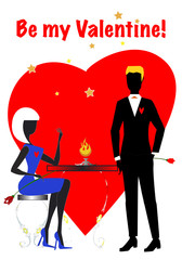 Two elegant lovers, a woman and a man, with flowers and heart, are waiting to celebrate the  Saint Valentine's day dinner