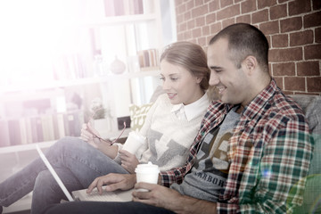 Roommates at home websurfing on laptop